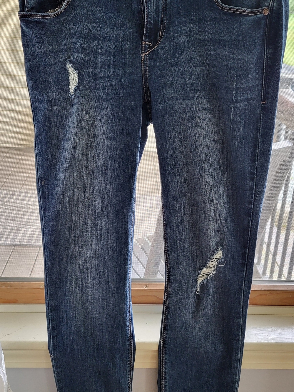 1822 Denim Straight Leg Dark Blue Distressed Jeans